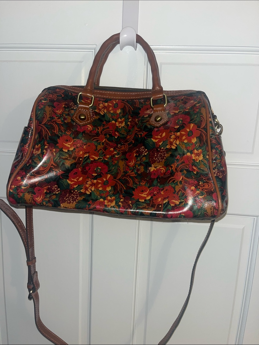 Patricia Nash Floral Patent Leather Satchel Handbag - Red & Brown